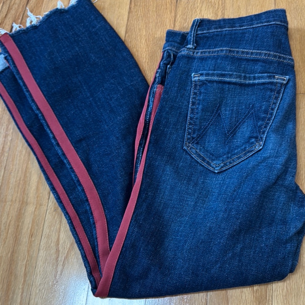 MOTHER Blue Straight Jeans with Red Stripes